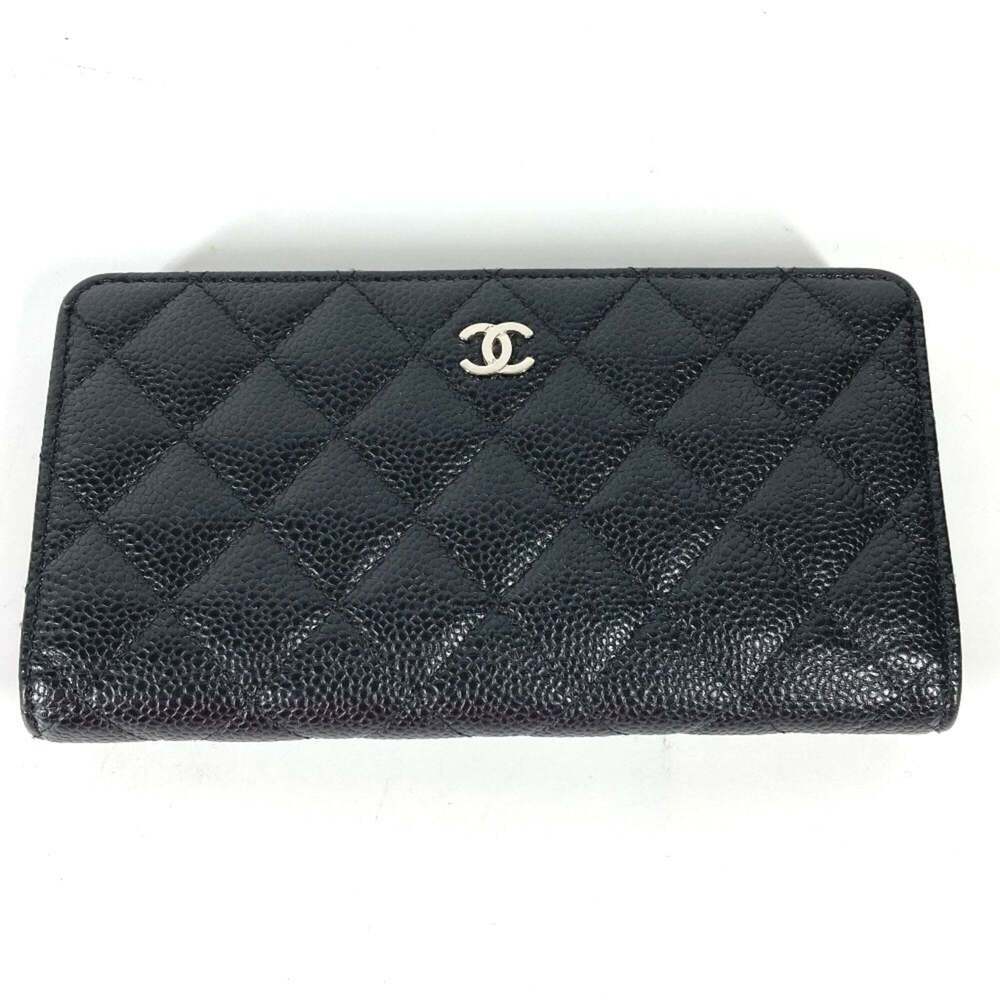 CHANEL Authentic Black Caviar Leather Logo Wallet